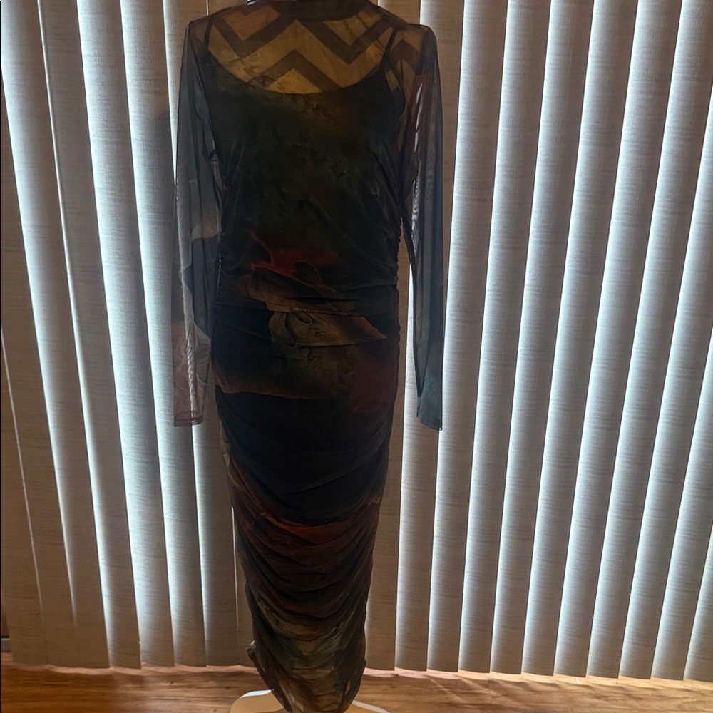 Fashion Nova Black and Brown Long Sleeve Dress